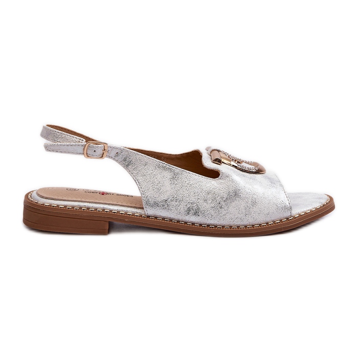 Elegante Damensandalen mit Goldverzierung auf flachen Absätzen, Silber S.Barski KV27-053 silber-