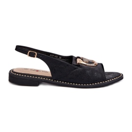 Elegante Damensandalen mit Goldverzierung auf flachen Absätzen, Schwarz S.Barski KV27-053