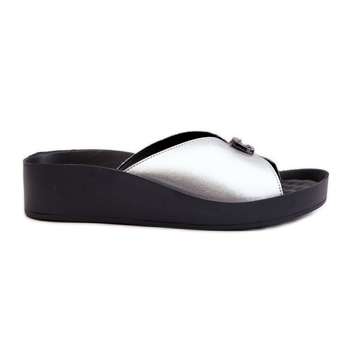 Damen-Flip-Flops aus Leder mit silberner Verzierung S.Barski KV27-027 silber-