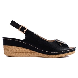 Schwarze Espadrille-Sandalen mit niedrigem Keilabsatz