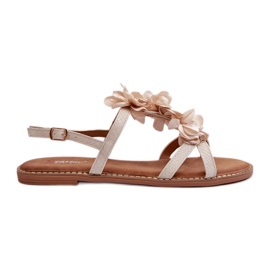 Flache Damensandalen mit Blumenverzierung, Beige Abidina