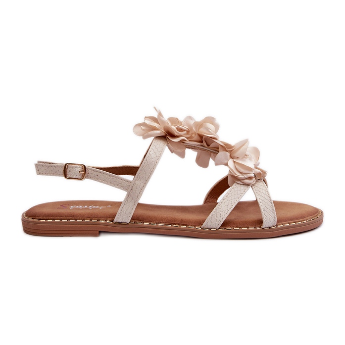 Flache Damensandalen mit Blumenverzierung, Beige Abidina