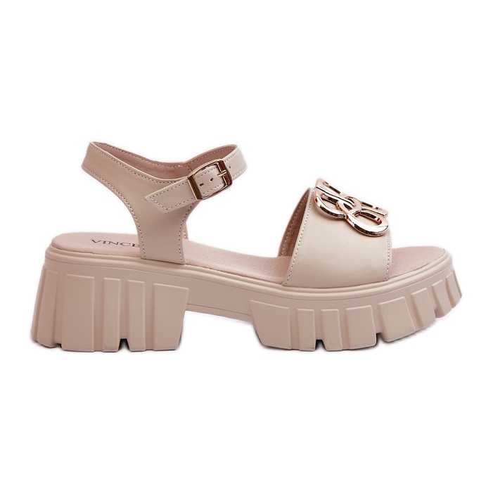 Beige Damen-Ledersandalen mit Goldverzierung Vinceza 7910