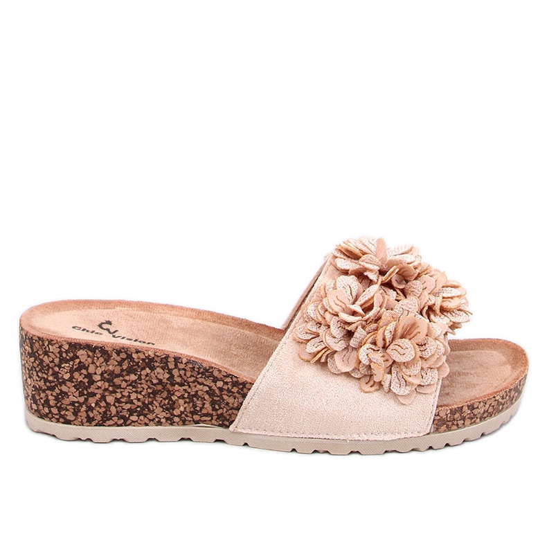 Minass Beige geblümte Keilpantoletten