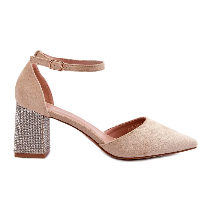 Beigefarbene Pumps aus Öko-Wildleder mit verziertem Absatz