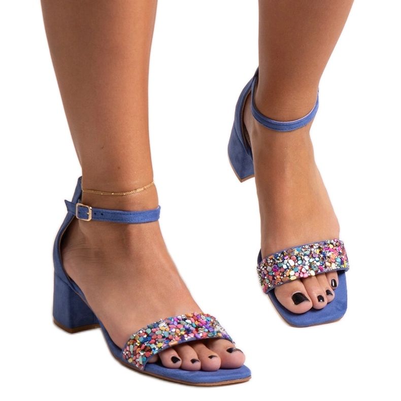 High-Heel-Sandalen mit bunten Ghuson-Steinen blau