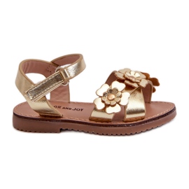 Mit Blumen verzierte Kindersandalen, mit Klettverschluss befestigt, goldenes Fagossa