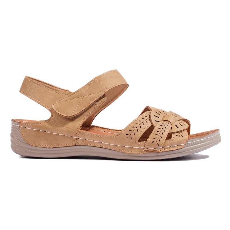 Hellbraune Damensandalen mit niedrigem Keilabsatz