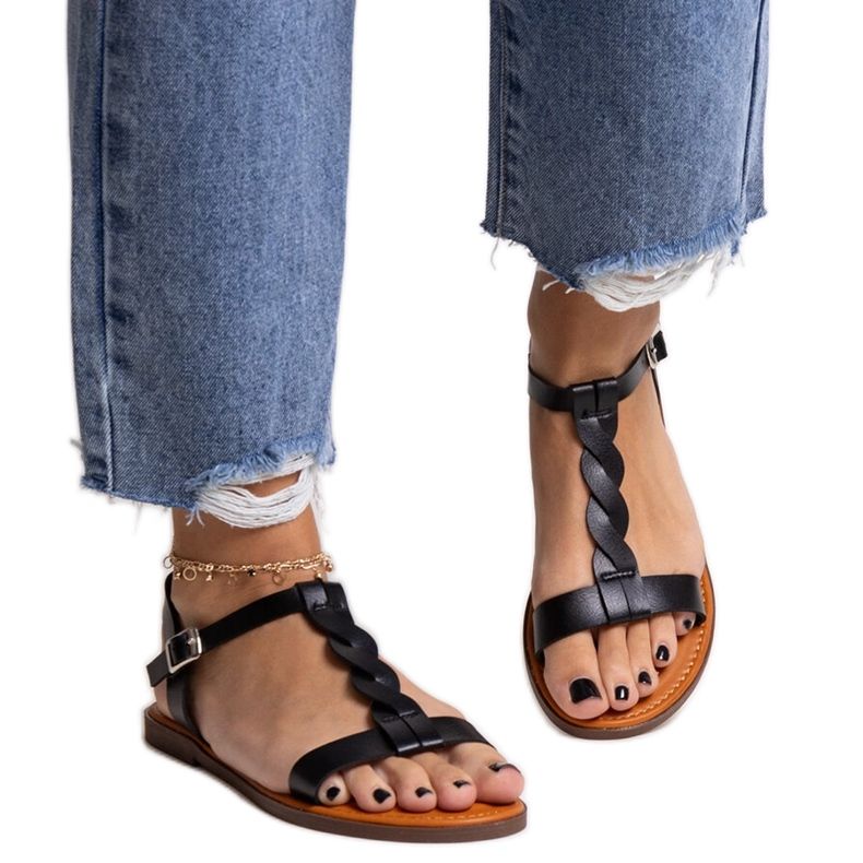 Schwarze, flache Sandalen aus Amaranth