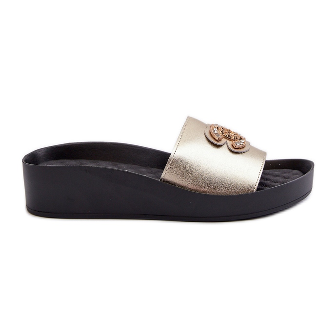 Elegante, leichte Damen-Flip-Flops mit Verzierung, Naturleder S.Barski KV27-013, Gold golden