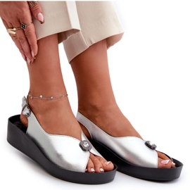 Leder-Damensandalen mit Keilabsatz und Plateau S.Barski KV27-020 Silber