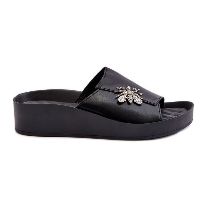 Elegante Damen-Flip-Flops mit Verzierung, Naturleder S.Barski KV27-015 Schwarz