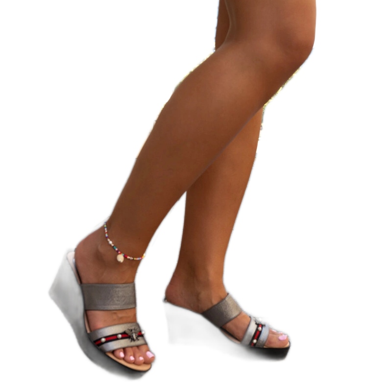 Dunkelgraue metallische Raja-Keilpantoletten