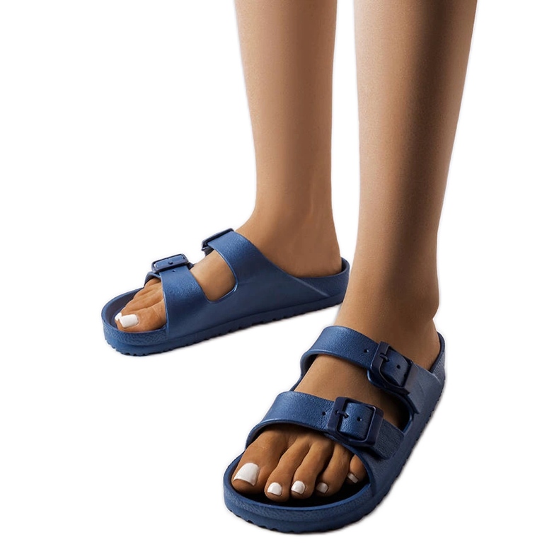 Marineblaue Gummipantoletten mit Eugene-Schnallen