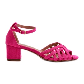 Damen-Sandalen aus Öko-Wildleder mit niedrigem Absatz Fuchsia Monsha rosa