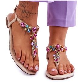 Beige Wildleder-Flip-Flop-Sandalen mit Steinen