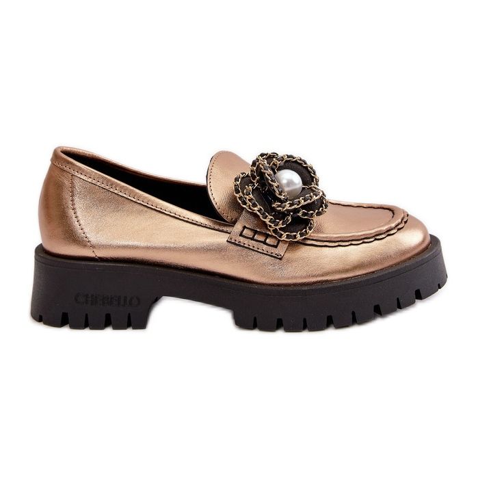 Damen-Ledermokassins mit einer Blume verziert, Gold CheBello 4520 golden