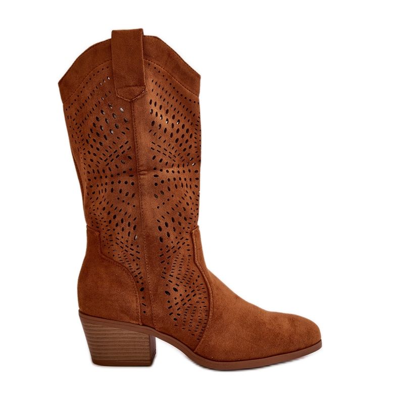 Durchbrochene Damen-Cowboystiefel mit kamelfarbenen Iceda High Heels braun