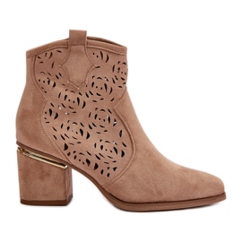 Durchbrochene Cowboystiefel mit hohem Absatz, mit Reißverschluss befestigt, Beige Vosilara