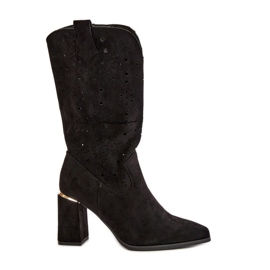 Durchbrochene Damenstiefel mit hohem Absatz und spitzen Zehen, Öko-Wildleder in Schwarz von Nevithra