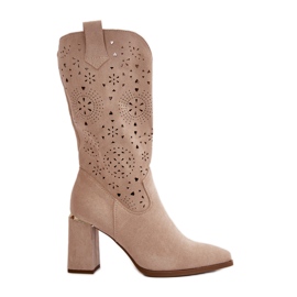 Durchbrochene Damenstiefel mit hohem Absatz und spitzen Zehen, Eco-Wildleder in Beige Nevithra