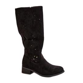 Durchbrochene Damenstiefel mit niedrigem Absatz, Öko-Wildleder, mit Reißverschluss, schwarze Orchideen