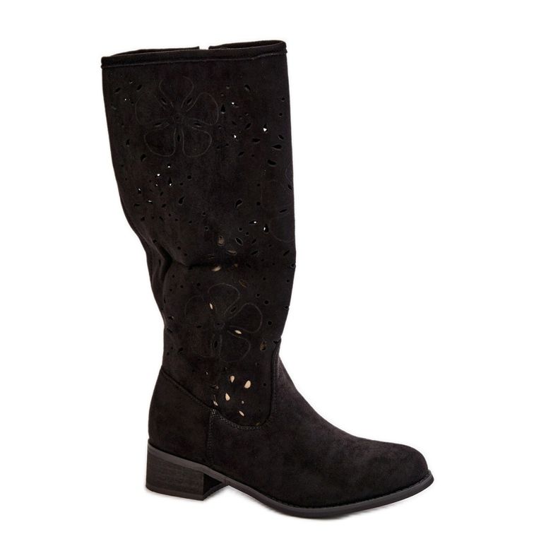 Durchbrochene Damenstiefel mit niedrigem Absatz, Öko-Wildleder, mit Reißverschluss, schwarze Orchideen