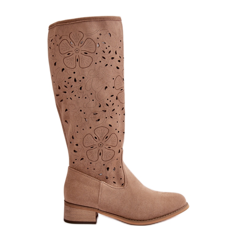 Durchbrochene Damenstiefel mit niedrigem Absatz, Öko-Wildleder, mit Reißverschluss, dunkelbeige Orchideen