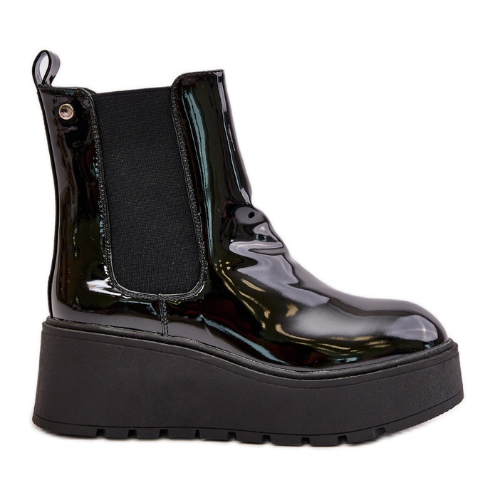 Lack-Damenstiefel mit Plateau und Keilabsatz, isoliert, schwarz, Wloedia