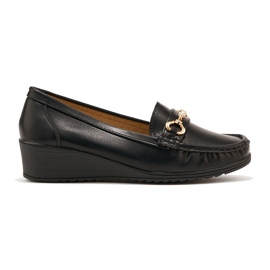 Schwarze Damen-Loafer mit Keilabsatz und Goldverzierung