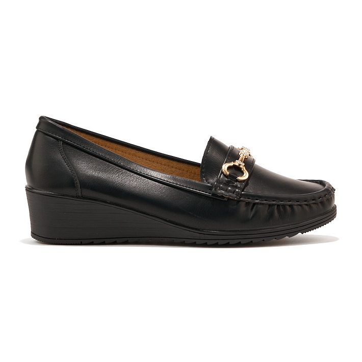 Schwarze Damen-Loafer mit Keilabsatz und Goldverzierung