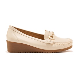 Beige Damen-Slipper mit Keilabsatz und Goldverzierung