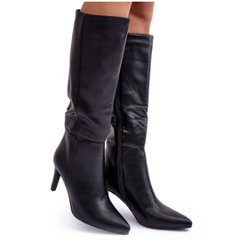 Overknee-Stiefel aus Leder mit hohem Absatz, schwarze Serpens