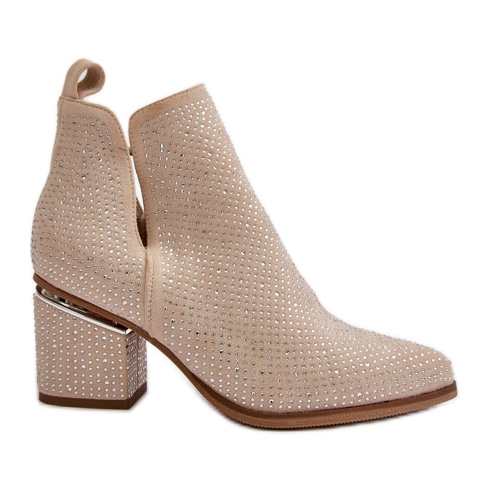 Verzierte Damenstiefel mit hohem Absatz und spitzen Zehen, Beige Fararia