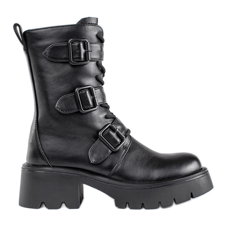 Hohe schwarze Damen-Arbeiterstiefel mit Schnallen