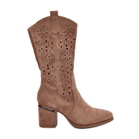 Durchbrochene Cowboystiefel für Damen mit hohen Absätzen, Öko-Wildleder, Beige S.Barski HY42-028