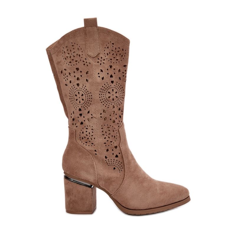 Durchbrochene Cowboystiefel für Damen mit hohen Absätzen, Öko-Wildleder, Beige S.Barski HY42-028