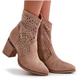 Verzierte, durchbrochene Damen-Stiefeletten aus Öko-Wildleder in Beige S.Barski HY42-029