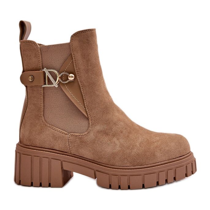 Isolierte Damenstiefel aus Öko-Wildleder in Beige mit Golddetail Bervena