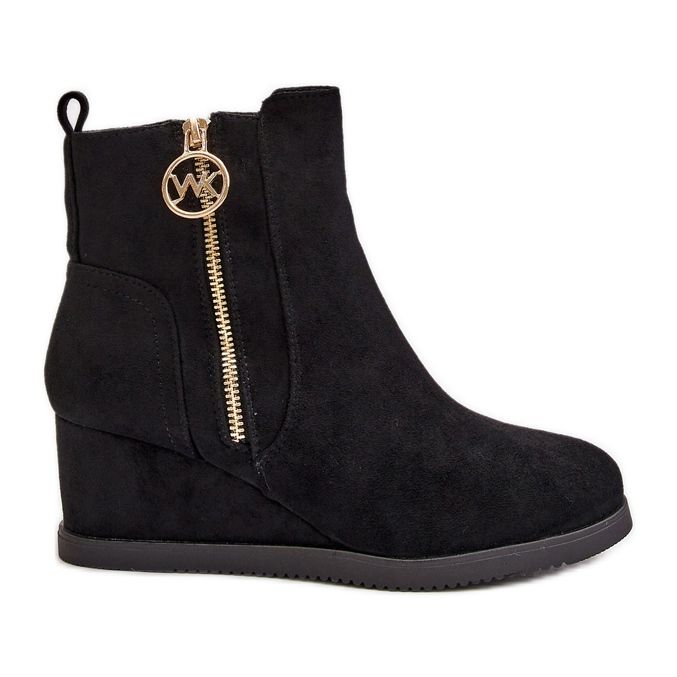 Isolierte Keilstiefel mit dekorativem Reißverschluss, Eco-Wildleder, schwarzes Leretha