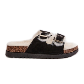 Damen-Hausschuhe Flip-Flops mit Schnallen und Fell, Schwarz Ezilena
