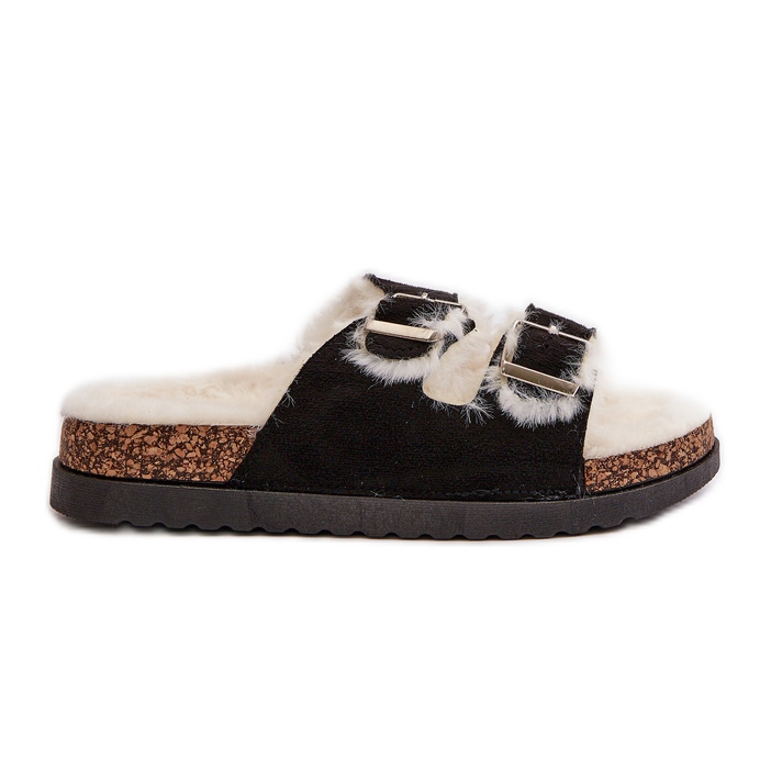 Damen-Hausschuhe Flip-Flops mit Schnallen und Fell, Schwarz Ezilena