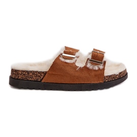 Damenhausschuhe Flip-Flops mit Schnallen und Fell Camel Ezilena braun