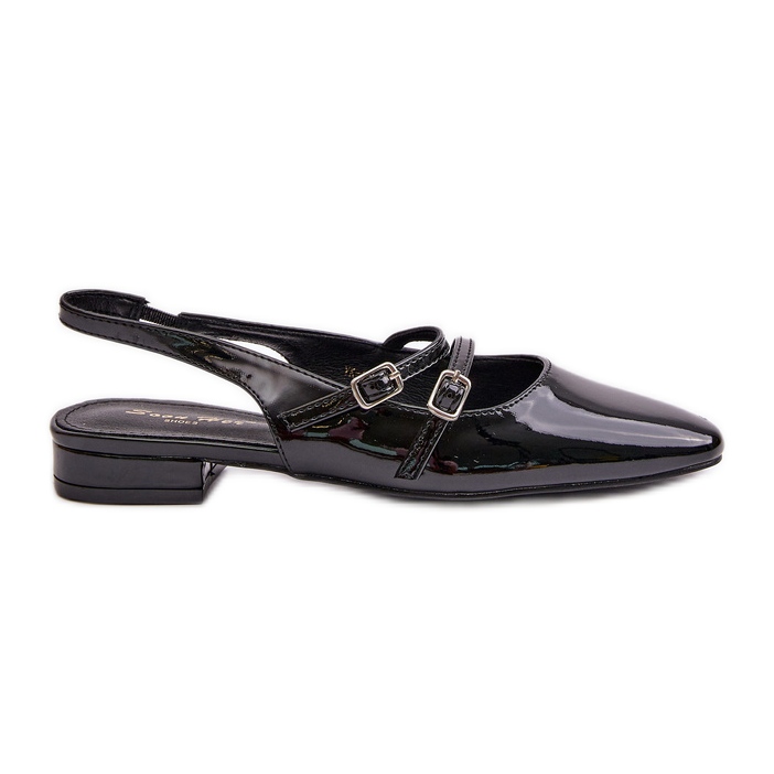 Ballerinas aus Lackleder mit Riemen an niedrigen Absätzen, schwarze Bialettia