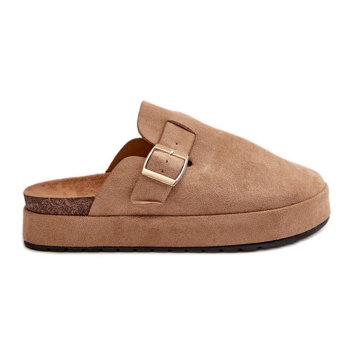 Damen-Clogs auf Plateausohle mit goldener Schnalle, dunkelbeige, Terilaina