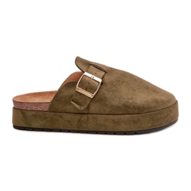 Damen-Plateau-Clog-Flip-Flops mit goldener Schnalle, dunkelgrüne Terilaina