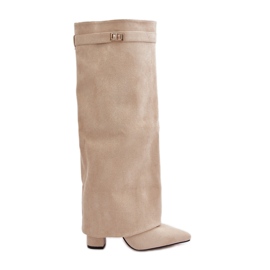 Damen-Stiefel aus Öko-Wildleder mit umgeschlagenem Obermaterial und beigem Bralise mit hohem Absatz