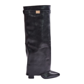 Damen-Stiefel aus Faux-Wildleder mit umgeschlagenem oberen Absatz, schwarzes Avamora
