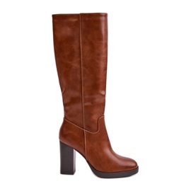 Kamelfarbene Riamaya-Öko-Leder-Overknee-Stiefel mit hohem Absatz braun