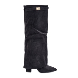 Damen-Stiefel aus Öko-Wildleder mit umgeschlagenem oberen Absatz, schwarze Bralise
